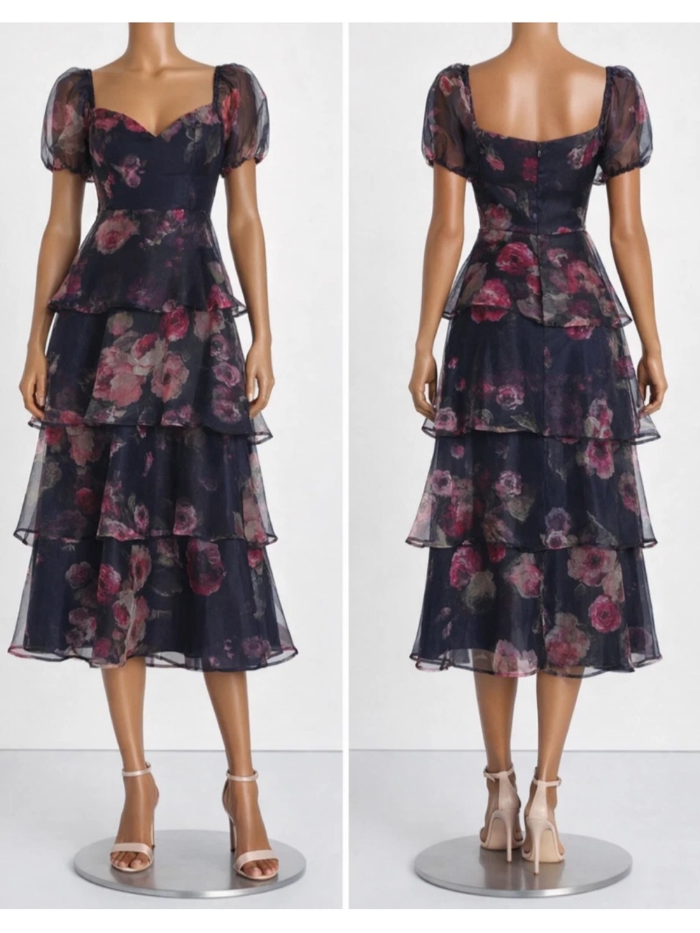 Lulu's Navy Floral Tiered Midi Dress with Puff Sleeves